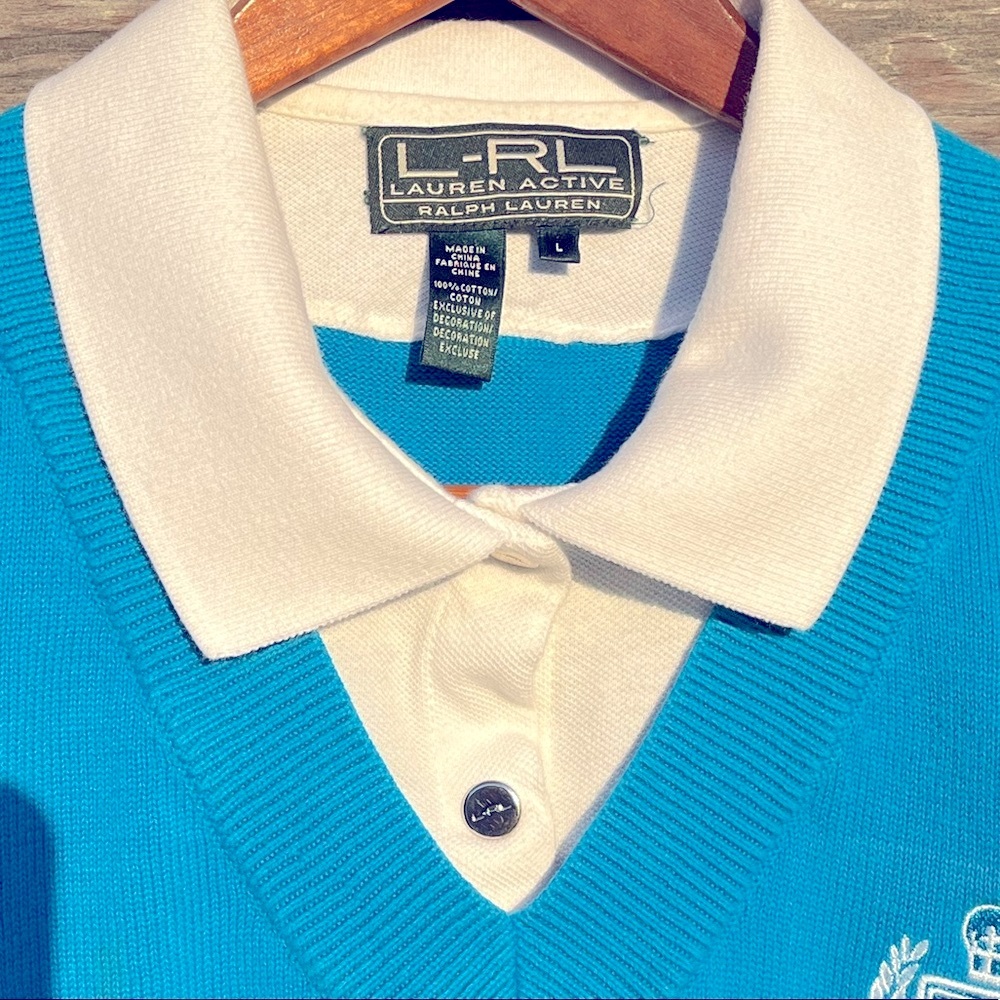 Lauren Ralph Lauren Vintage V-Neck Collared Embroidered Knit Deep Ocean Blue  L - Picture 3 of 12